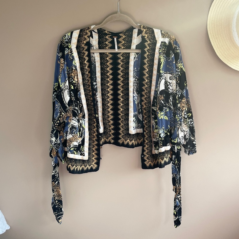 Free People Open Front Blouse with Tie Sleeves and Buttons, XS